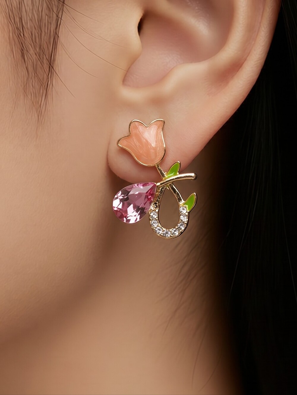 Pink Tulip Rhinestone Stud Earrings | Dainty Floral Pearlized Wedding Prom NWT